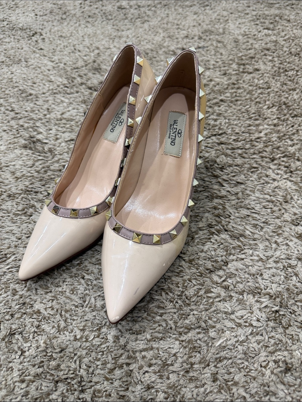 Valentino Patent Leather Pointed-Toe Pumps with Gold Rockstud Trim